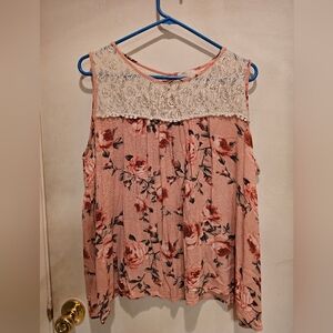 Floral Lace Yoke Camisole Tank Top - Pink